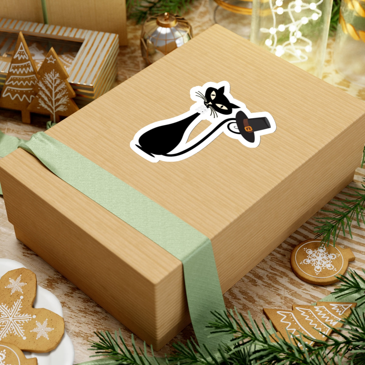 MCM Thanksgiving Sticker, Atomic Cat Sticker, Black Cat Sticker, Mid Century Modern Cat Sticker, Clear or White edge,Vinyl Sticker