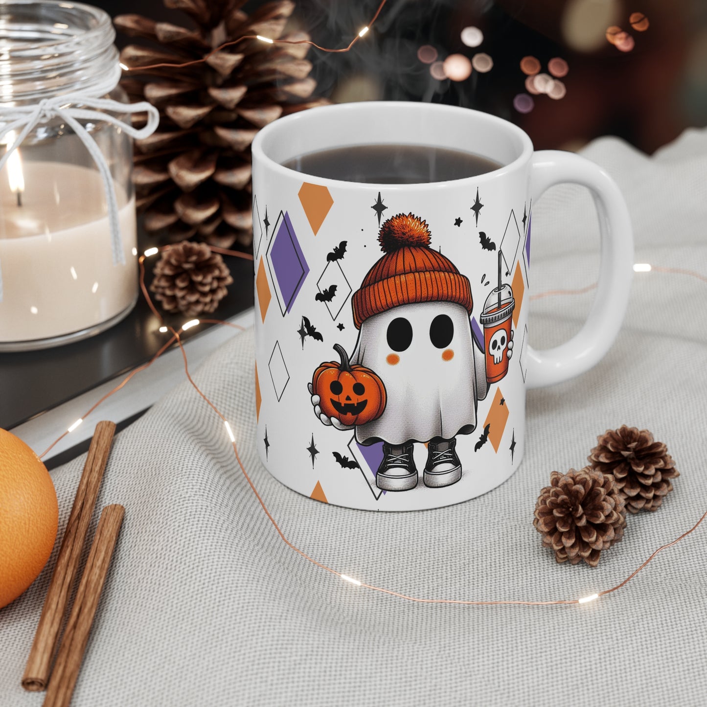 Halloween Ghost, MCM Atomic Cat Ceramic Mug, (11oz) Vintage Black Cat Coffee Cup