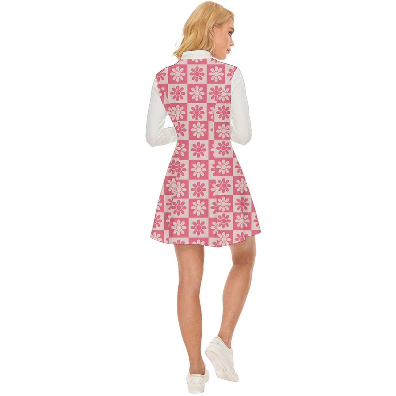 MCM Gingham Pink Flower High Neck Long Sleeve Dress