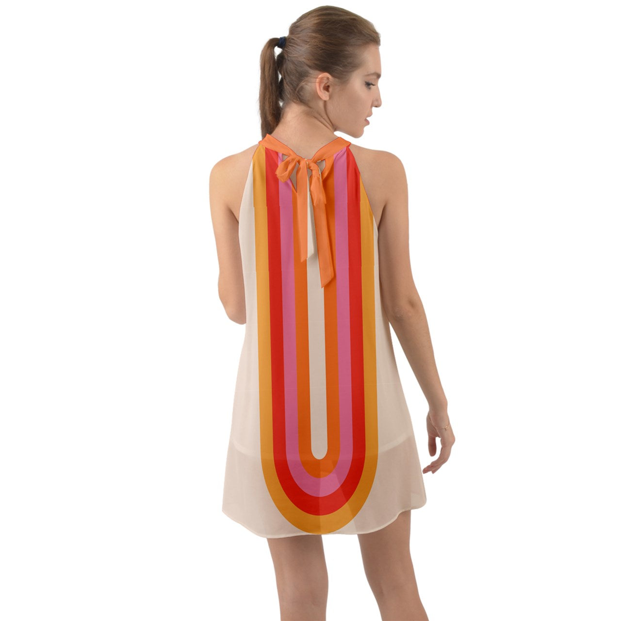 Rainbow Dress Circa 1960 Halter Tie Back Chiffon Dress