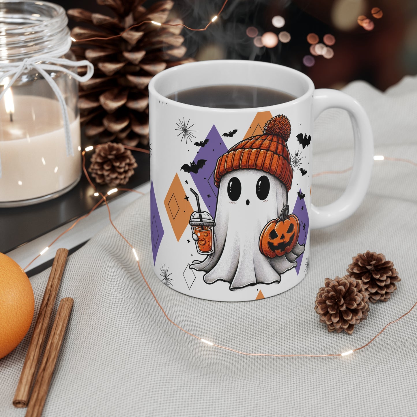 Halloween Ghost, MCM Atomic Cat Ceramic Mug, (11oz) Vintage Black Cat Coffee Cup