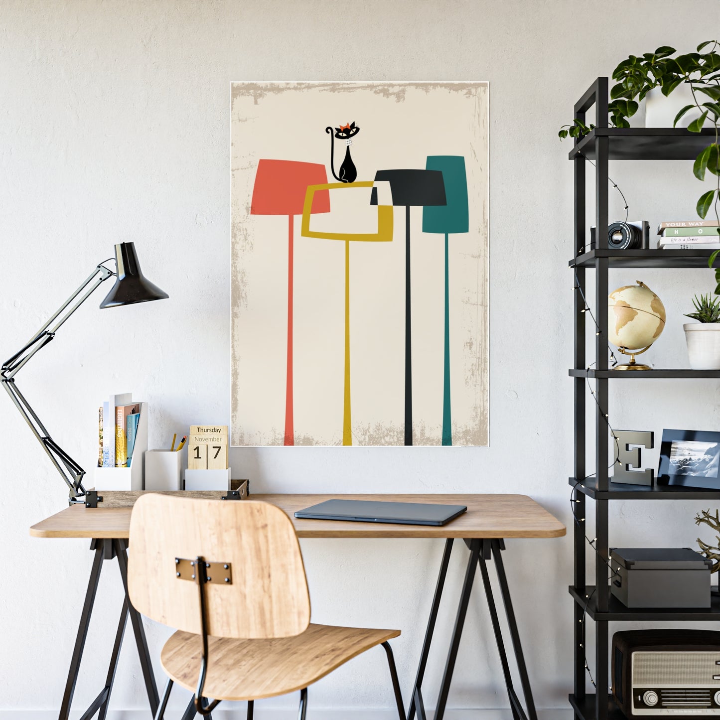 Mid Century Modern Atomic Cat in Pearls Poster