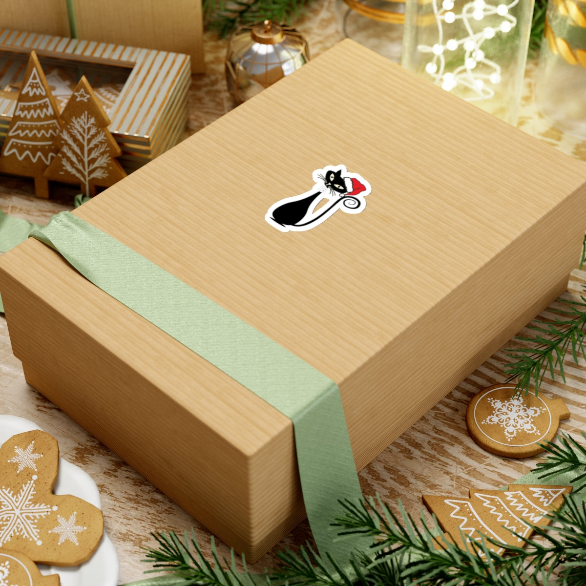 MCM Christmas Sticker, Holiday Atomic Cat Sticker, Black Cat Sticker, Mid Century Modern Cat Sticker, Clear or White edge, Vinyl Sticker