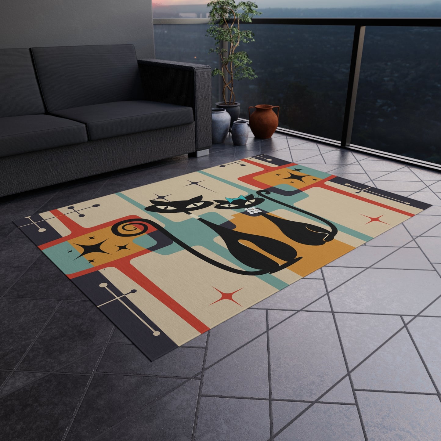 Retro MCM Atomic Cat Outdoor Rug- Patio Rug- Mid Century Modern Decor