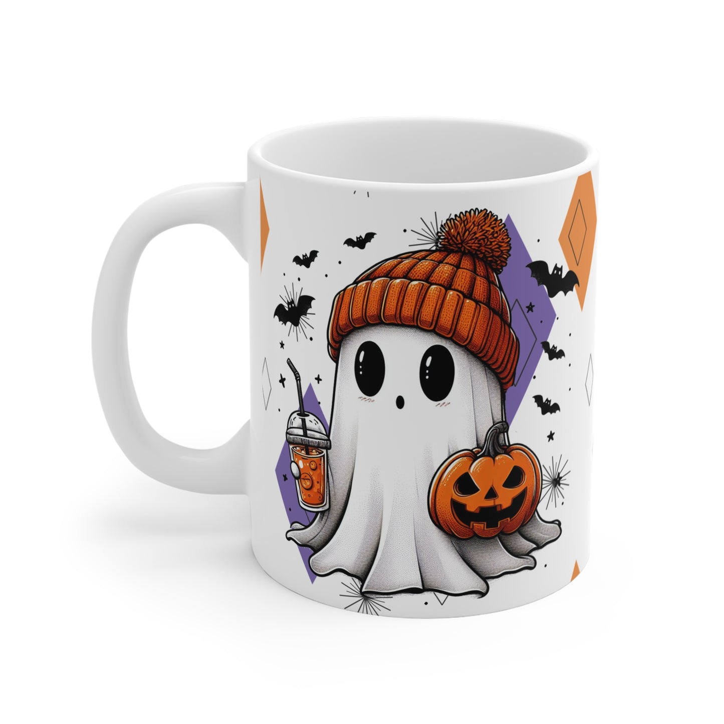 Halloween Ghost, MCM Atomic Cat Ceramic Mug, (11oz) Vintage Black Cat Coffee Cup