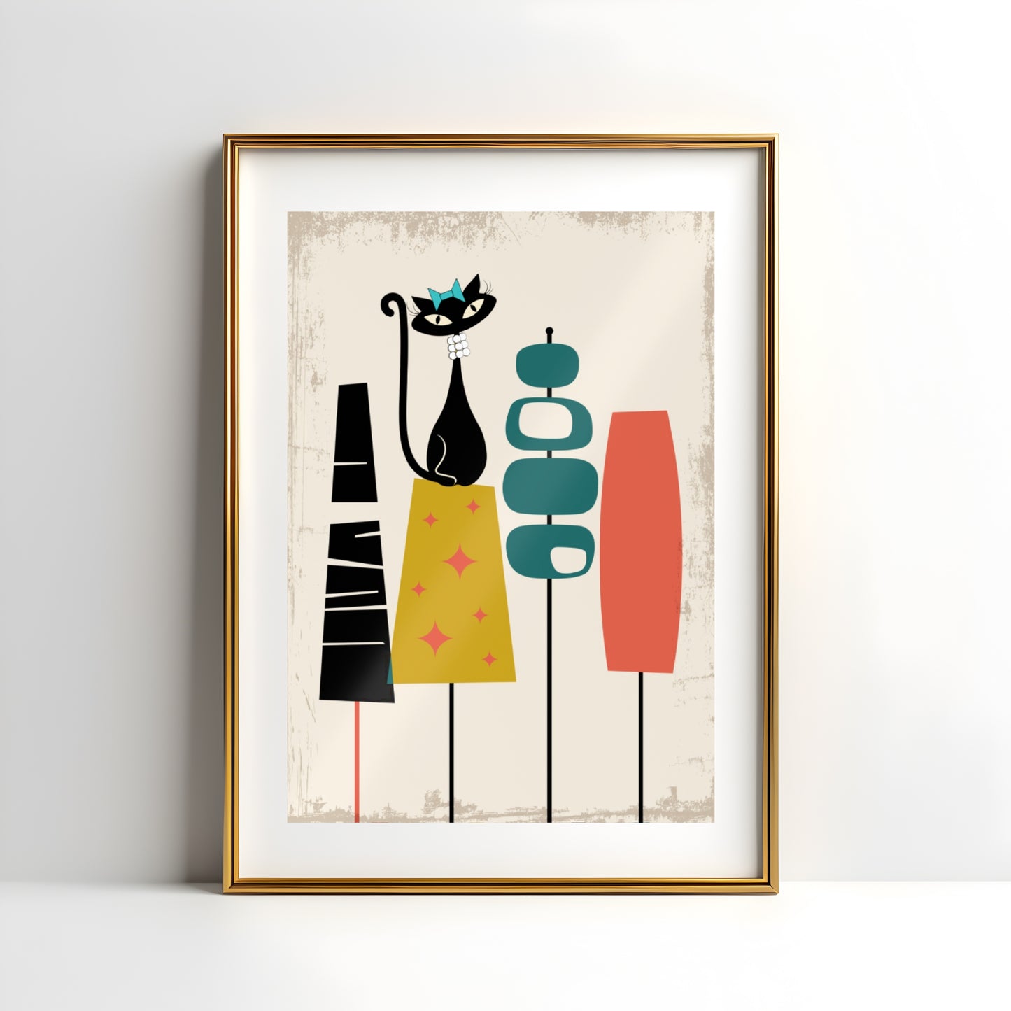 Mid Century Modern Atomic Cat in Pearls Posters Set of 4