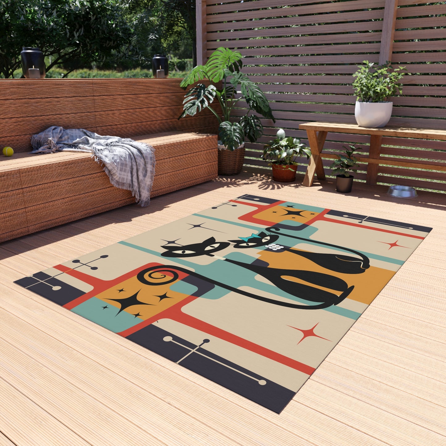 Retro MCM Atomic Cat Outdoor Rug- Patio Rug- Mid Century Modern Decor