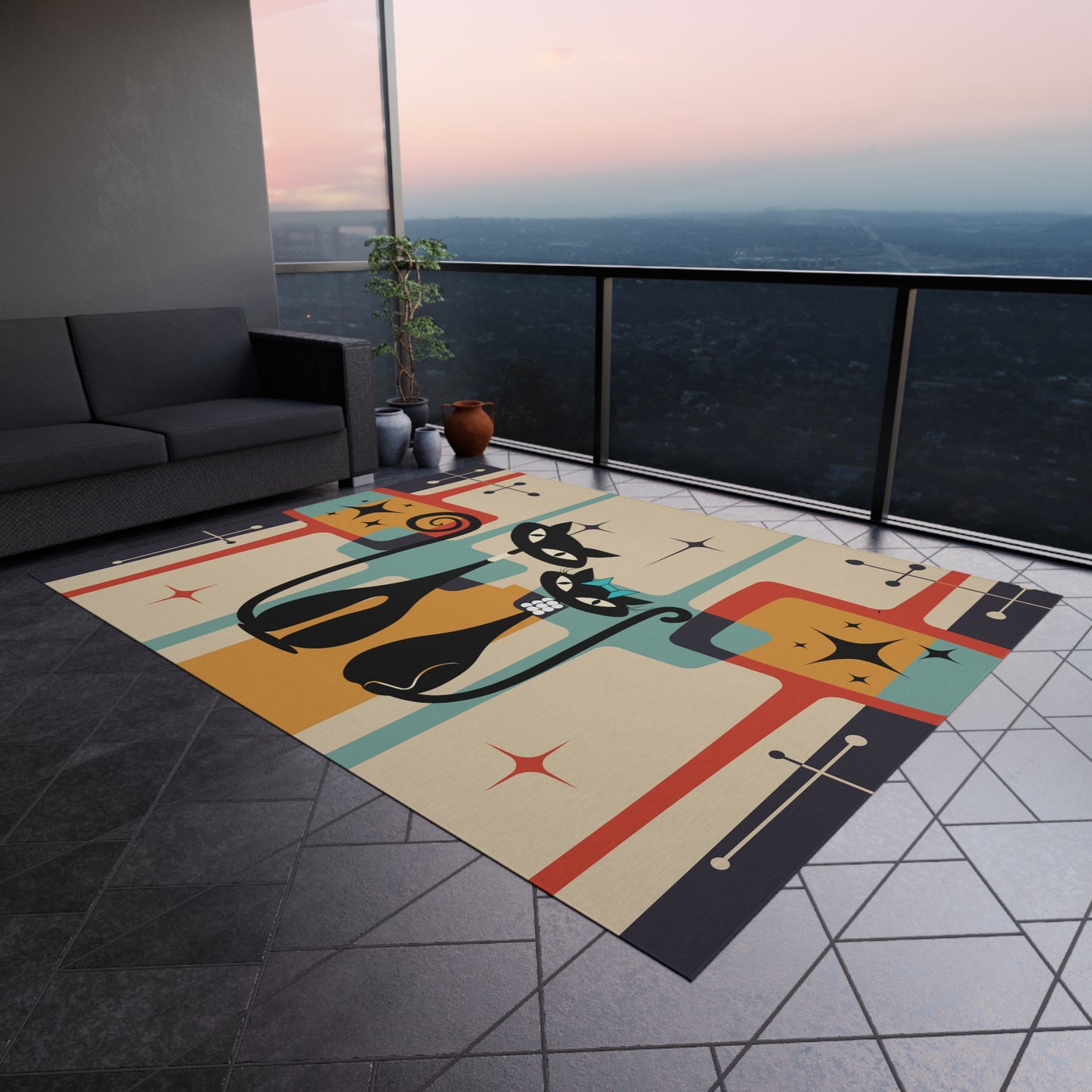 Retro MCM Atomic Cat Outdoor Rug- Patio Rug- Mid Century Modern Decor