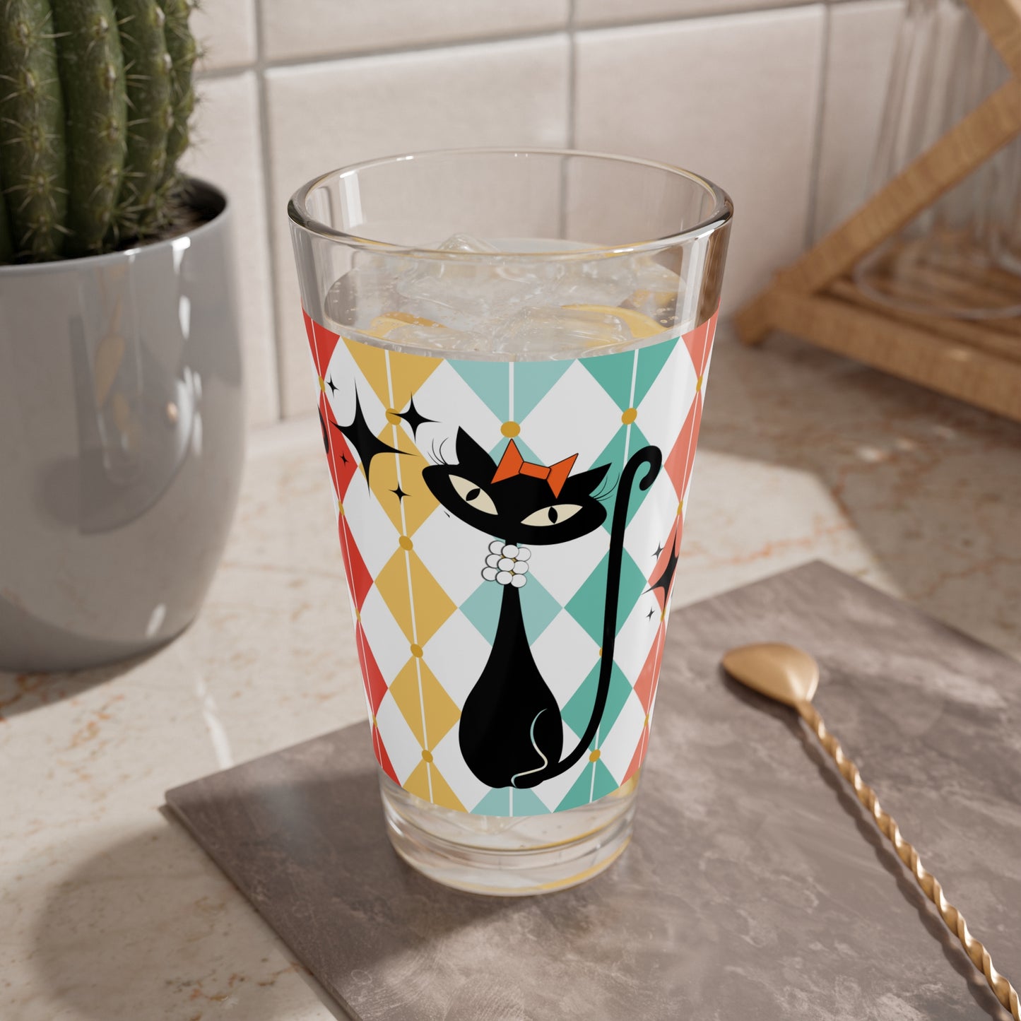 Atomic Cat in Pearls Mixing Glass, 16oz