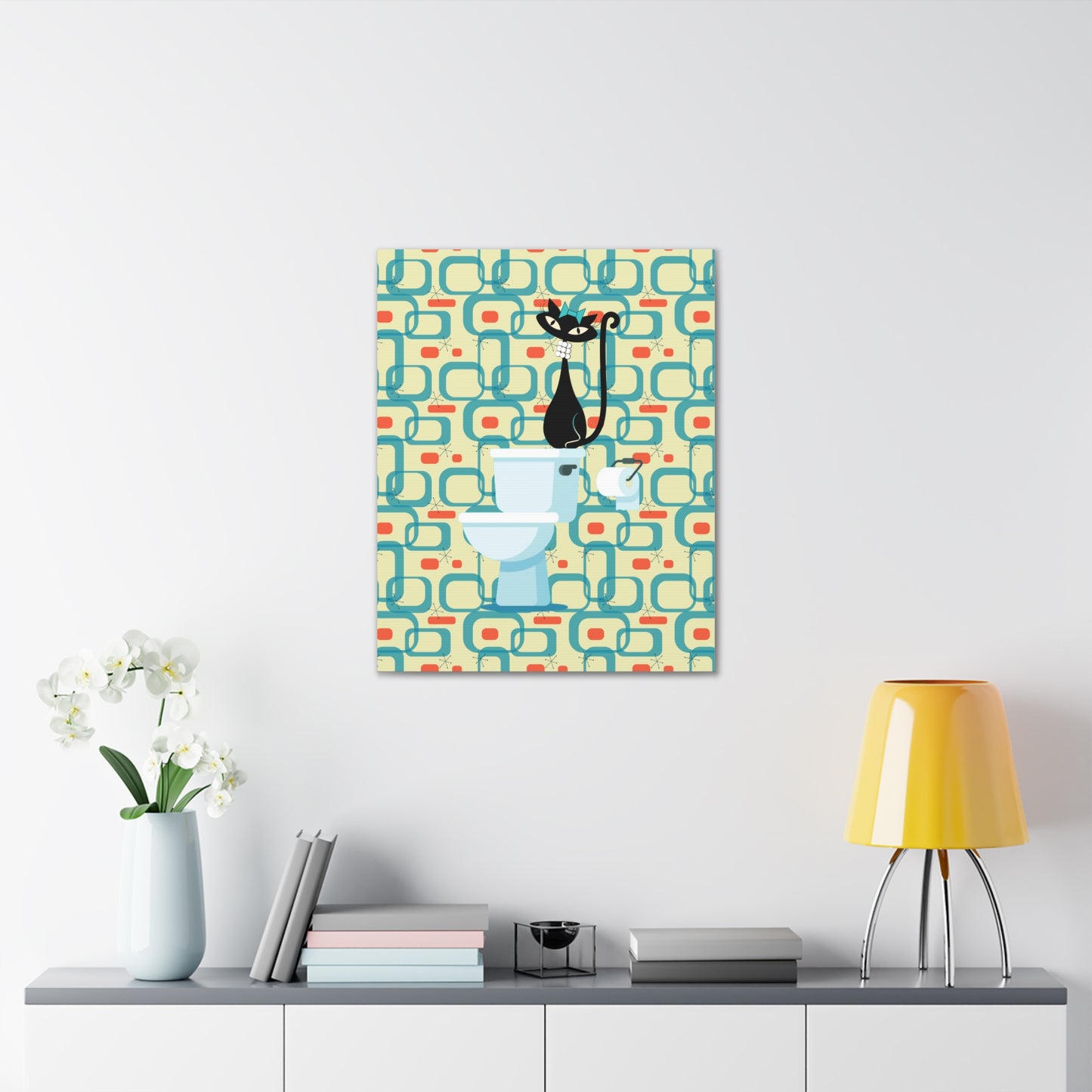 Atomic Cat In Pearls on the Potty Canvas Wall Art