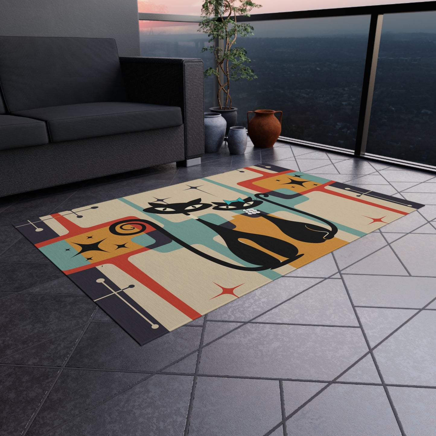 Retro MCM Atomic Cat Outdoor Rug- Patio Rug- Mid Century Modern Decor