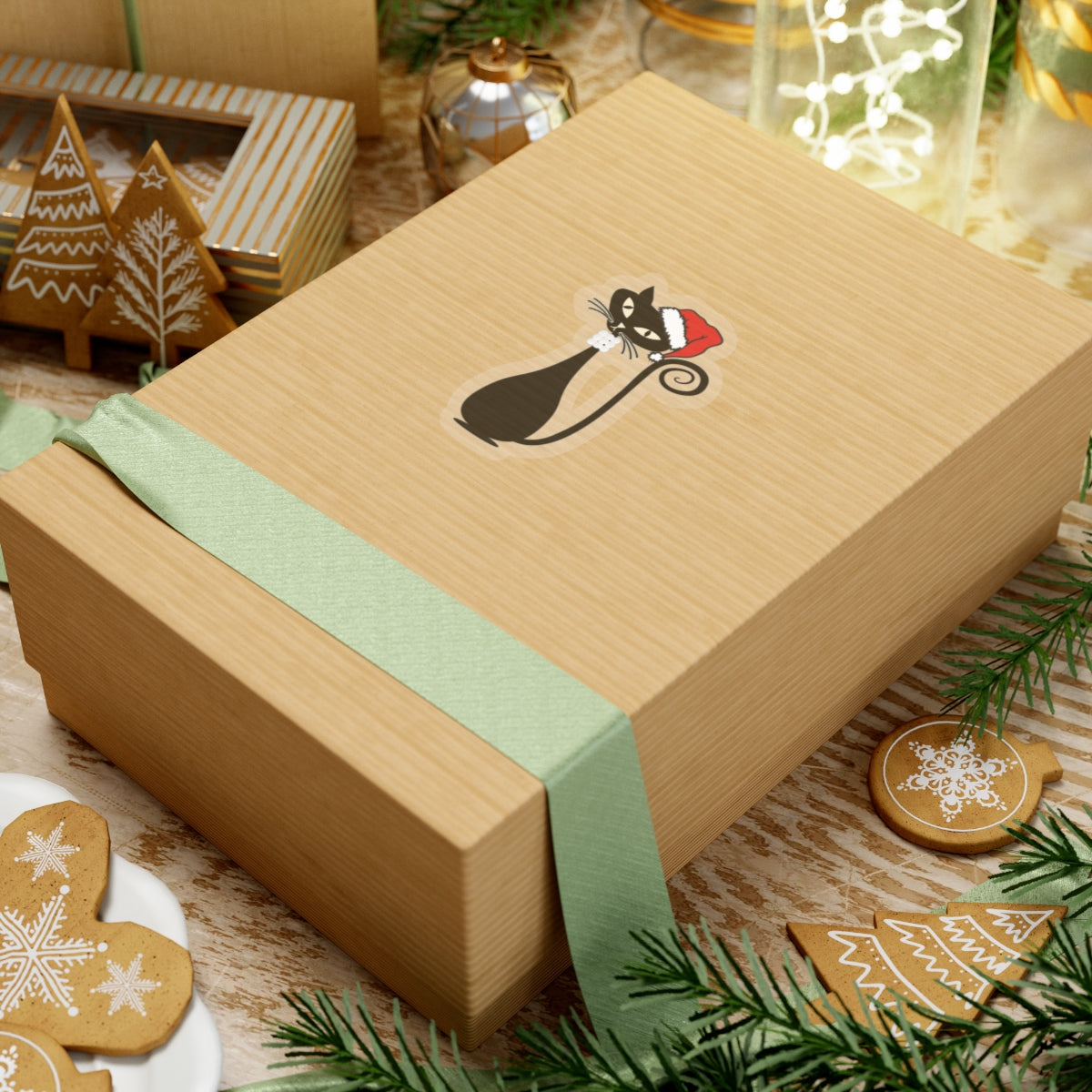 MCM Christmas Sticker, Holiday Atomic Cat Sticker, Black Cat Sticker, Mid Century Modern Cat Sticker, Clear or White edge, Vinyl Sticker