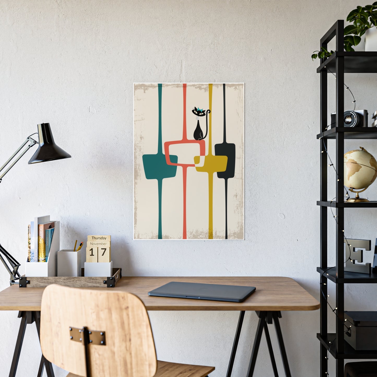 Mid Century Modern Atomic Cat in Pearls Poster