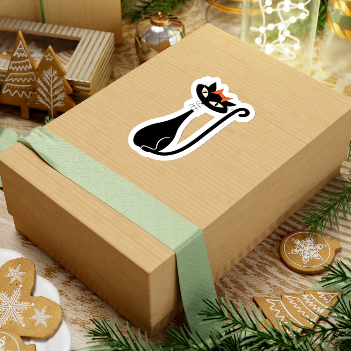 MCM Atomic Cat Sticker, Black Cat Sticker, Mid Century Modern Cat Sticker, Clear or White edge,Birthday Gift for Cat Person Vinyl Sticker