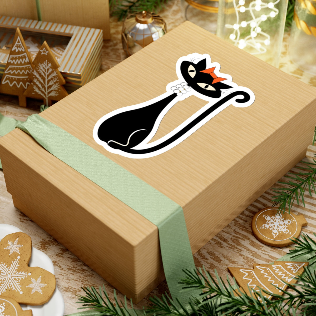 MCM Atomic Cat Sticker, Black Cat Sticker, Mid Century Modern Cat Sticker, Clear or White edge,Birthday Gift for Cat Person Vinyl Sticker