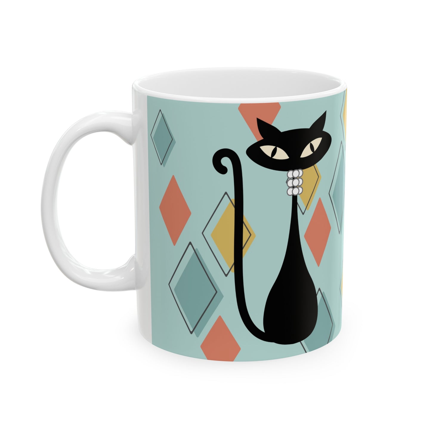 MCM Atomic Cat Ceramic Mug, (11oz) Vintage Black Cat Coffee Cup