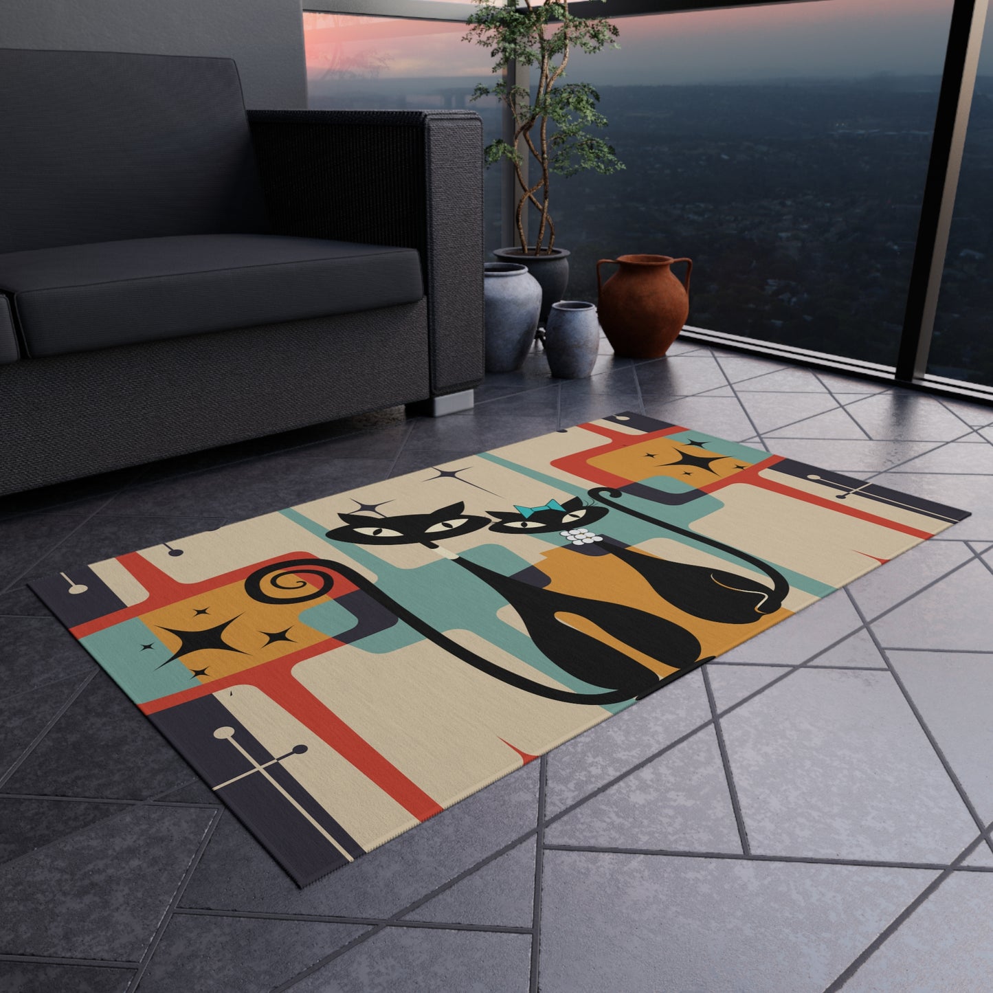 Retro MCM Atomic Cat Outdoor Rug- Patio Rug- Mid Century Modern Decor