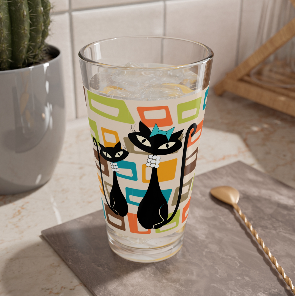 Atomic Cat in Pearls Pint Glass, 16oz, Retro Cat Cocktail Glass,MCM Beer Glass