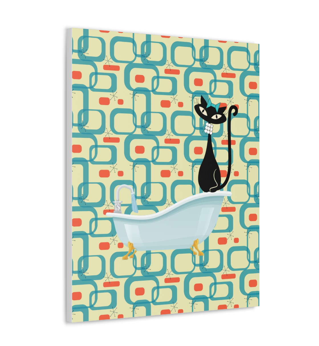 Atomic Cat In Pearls On the Tub Canvas Wall Art