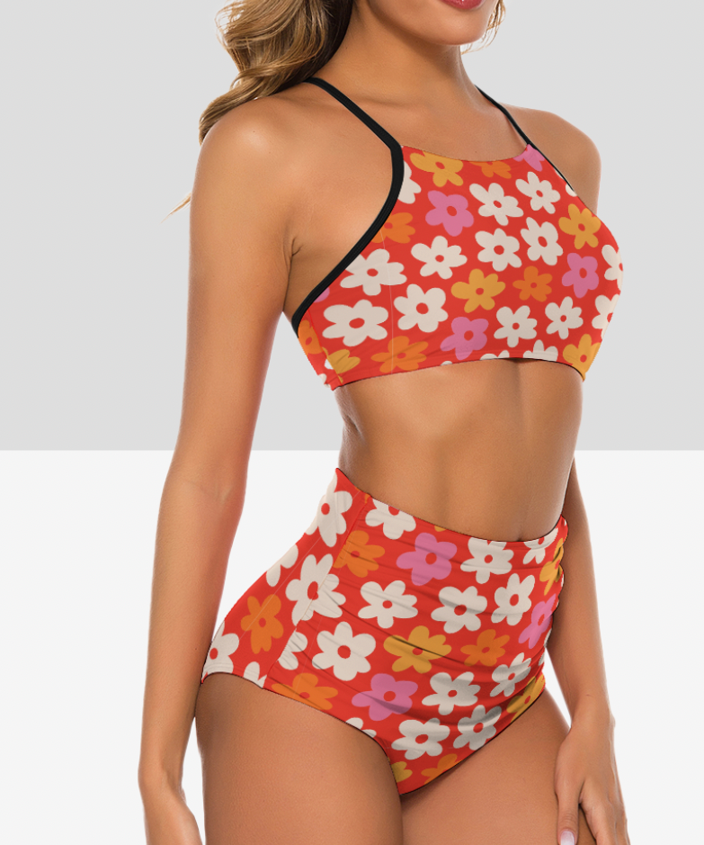 MCM Retro Flower Power Bikini, Retro Vintage Look Bikini, High Waist Swimsuit, 70s swimwear