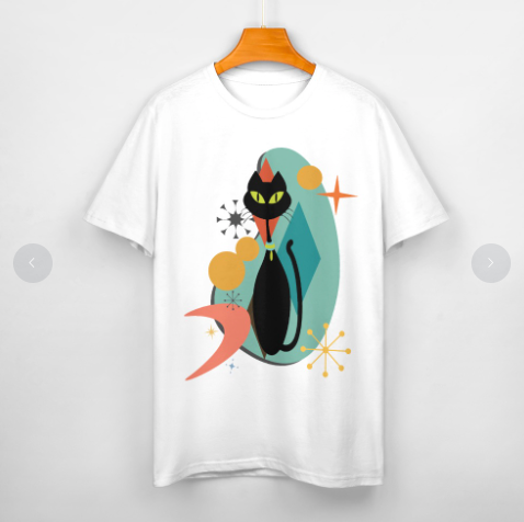 Atomic Cat in Pearls Women T-shirt, Retro Black Cat Tee