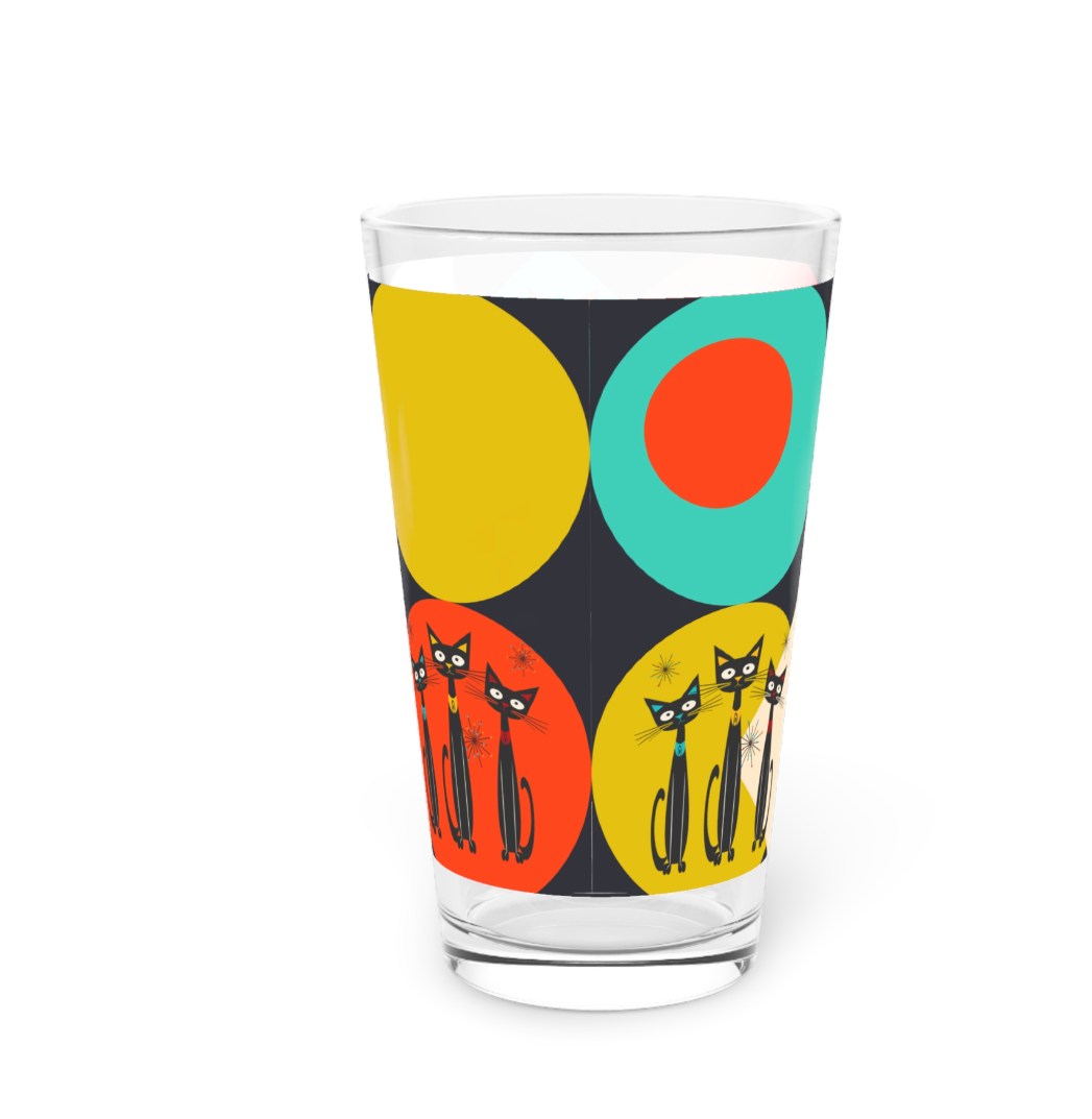 Atomic Cats Pint Glass, 16oz, Retro Black Cat Cocktail Glass,MCM Beer Glass