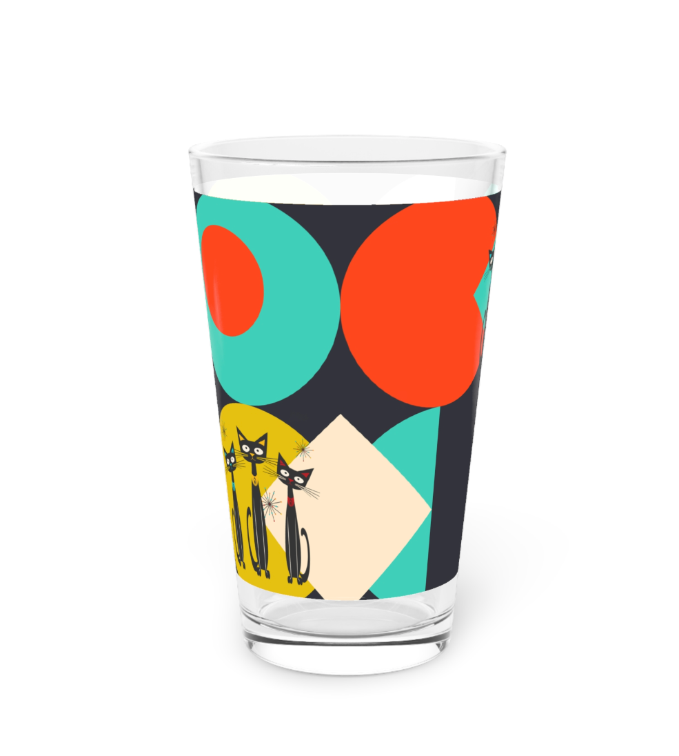 Atomic Cats Pint Glass, 16oz, Retro Black Cat Cocktail Glass,MCM Beer Glass