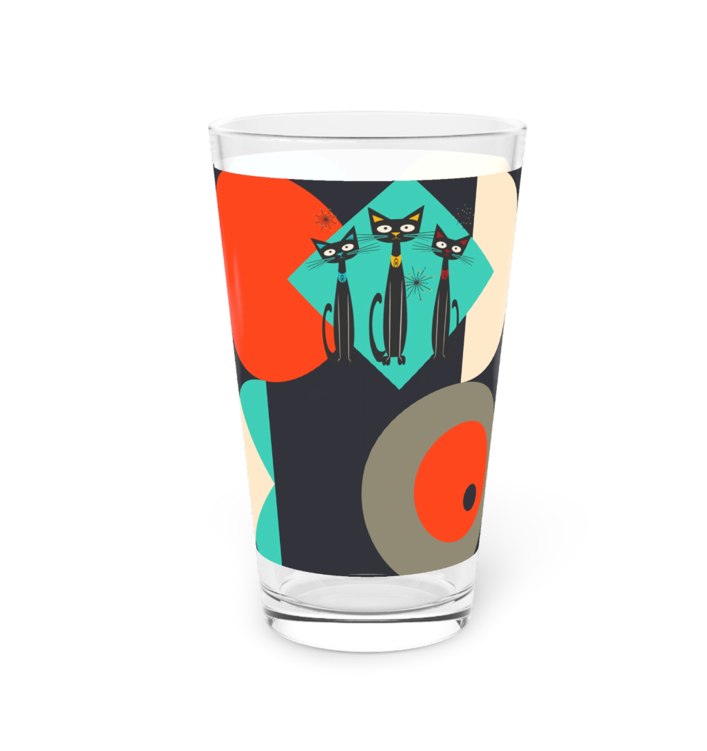 Atomic Cats Pint Glass, 16oz, Retro Black Cat Cocktail Glass,MCM Beer Glass