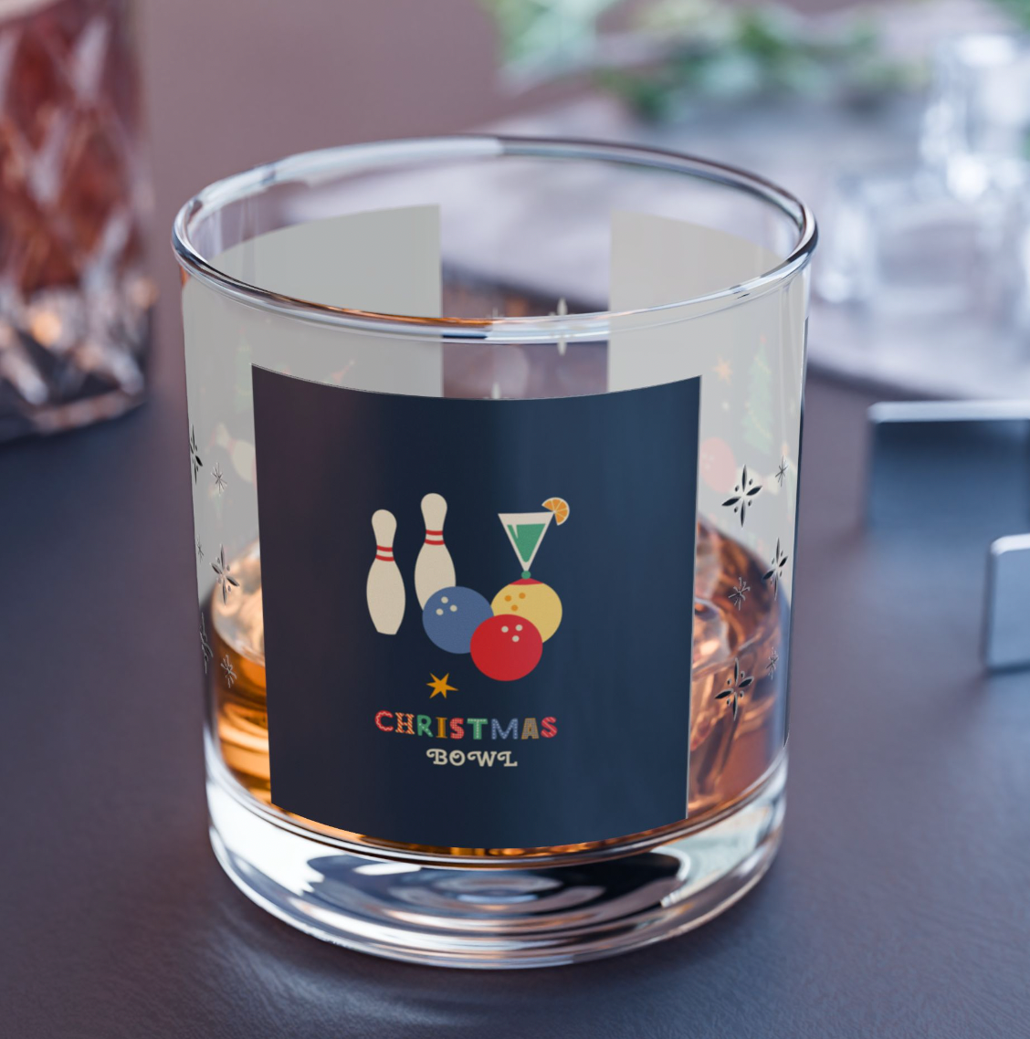 Holiday Bowlers Christmas Whisky Glass, Atomic Christmas MCM Rocks Glass, Set of 1/2/4 10oz Double Old Fashioned Glasses (Copy)