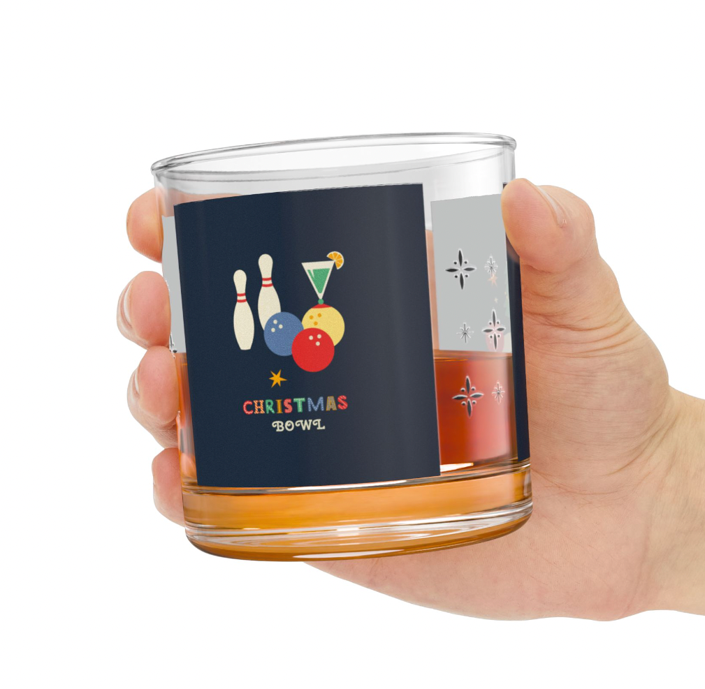 Holiday Bowlers Christmas Whisky Glass, Atomic Christmas MCM Rocks Glass, Set of 1/2/4 10oz Double Old Fashioned Glasses (Copy)