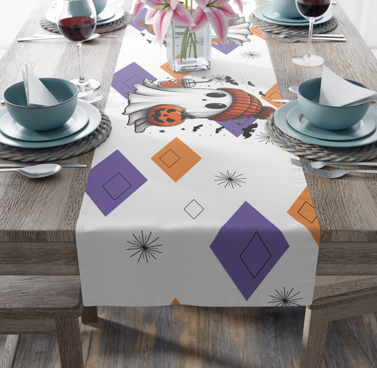 Halloween Ghost Table Runner, MCM Retro Table Runner, Retro Vibe Mid Mod Table Runner (Cotton, Poly) (Copy) (Copy)
