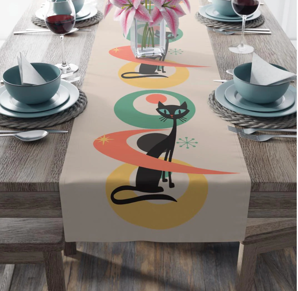 MCM Retro Cat Table Runner, Retro Vibe Mid Mod Table Runner (Cotton, Poly) (Copy)