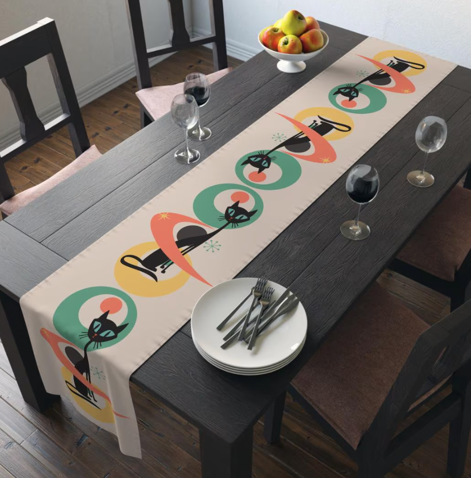 MCM Retro Cat Table Runner, Retro Vibe Mid Mod Table Runner (Cotton, Poly) (Copy)