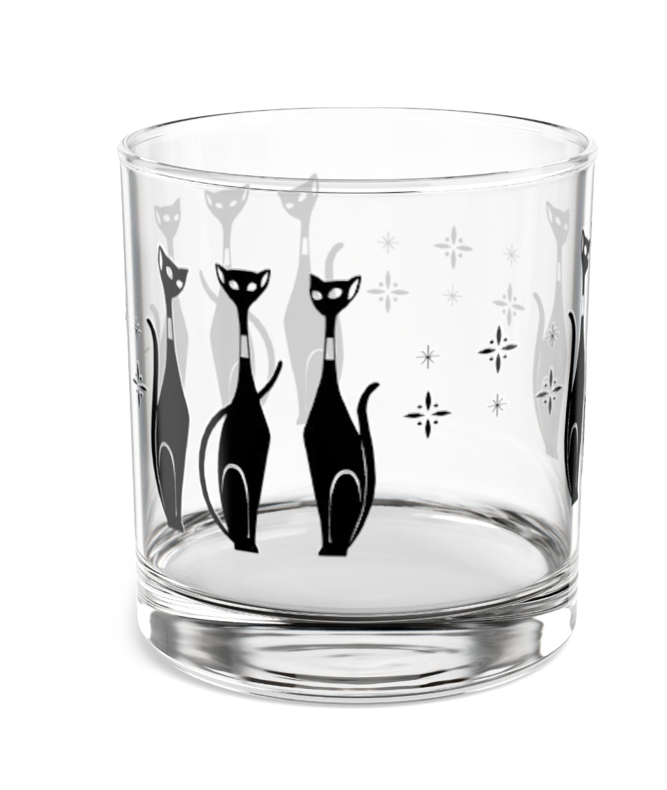 MCM Sexton Cat Rocks Glass, 10oz, Atomic Cat Whisky Glass, Double Old Fashioned Glass