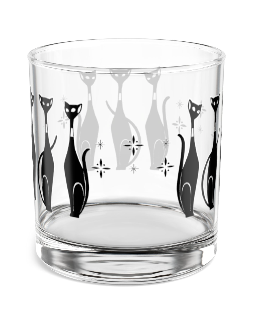 MCM Sexton Cat Rocks Glass, 10oz, Atomic Cat Whisky Glass, Double Old Fashioned Glass