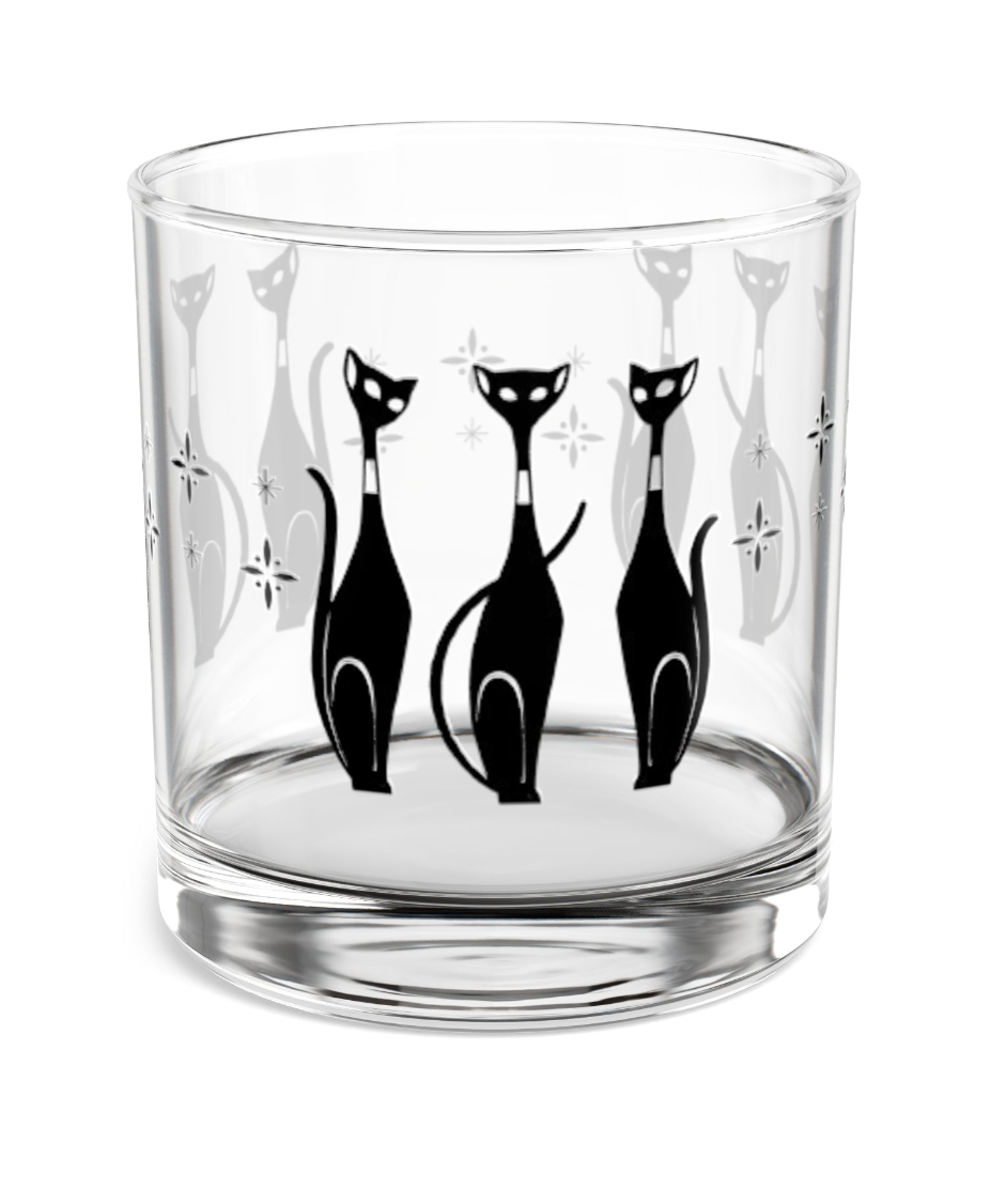 MCM Sexton Cat Rocks Glass, 10oz, Atomic Cat Whisky Glass, Double Old Fashioned Glass