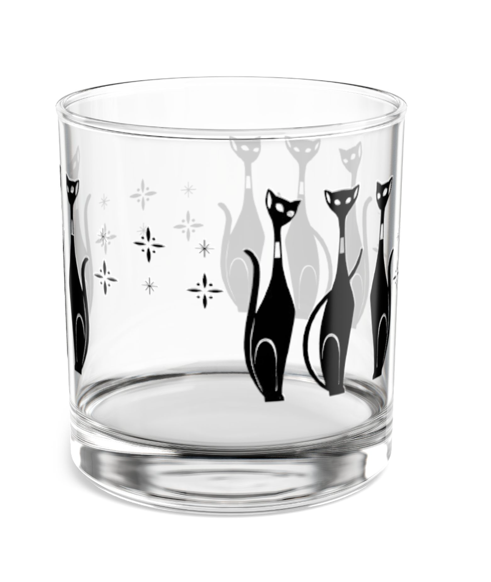 MCM Sexton Cat Rocks Glass, 10oz, Atomic Cat Whisky Glass, Double Old Fashioned Glass