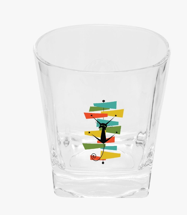 Atomic Cat Whisky Glass 10oz. 1/2/4 pc set Sexton Cat Rocks Glass, Double Old Fashioned Glass