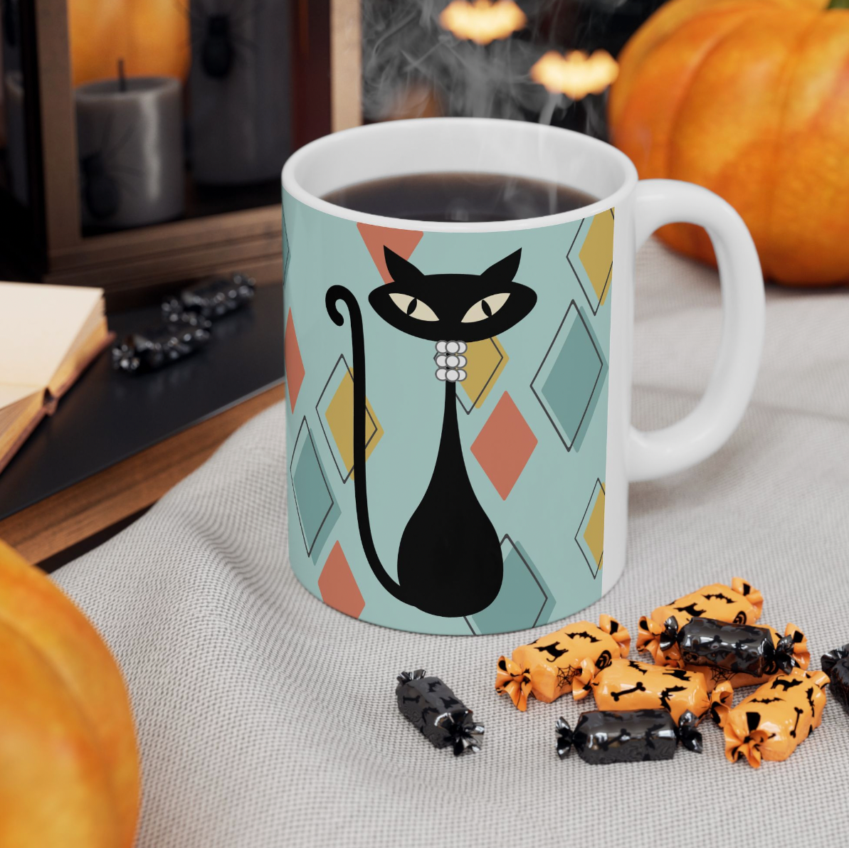MCM Atomic Cat Ceramic Mug, (11oz) Vintage Black Cat Coffee Cup