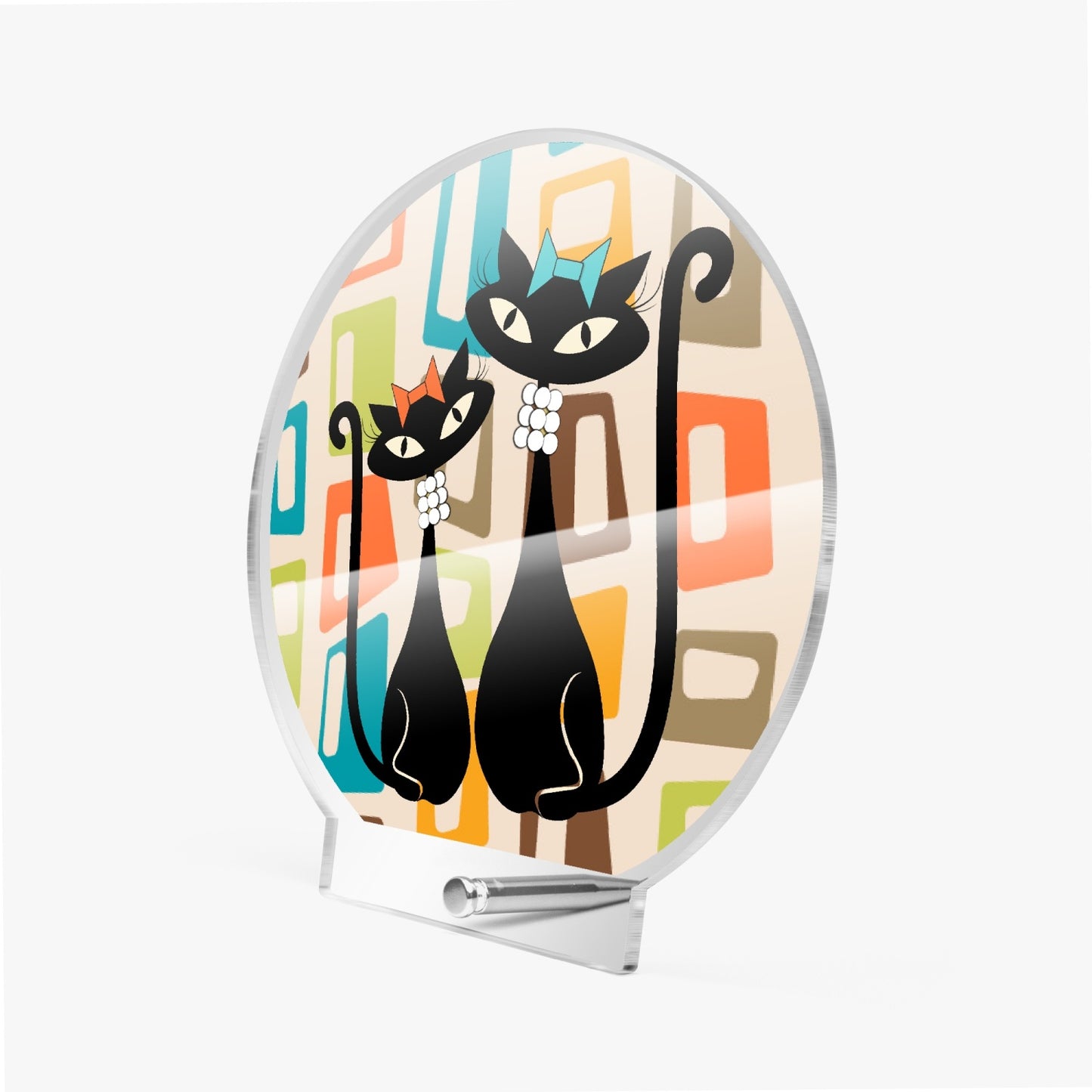 Atomic Cat in Pearls Acrylic Plaque with Stand - Round Night Light