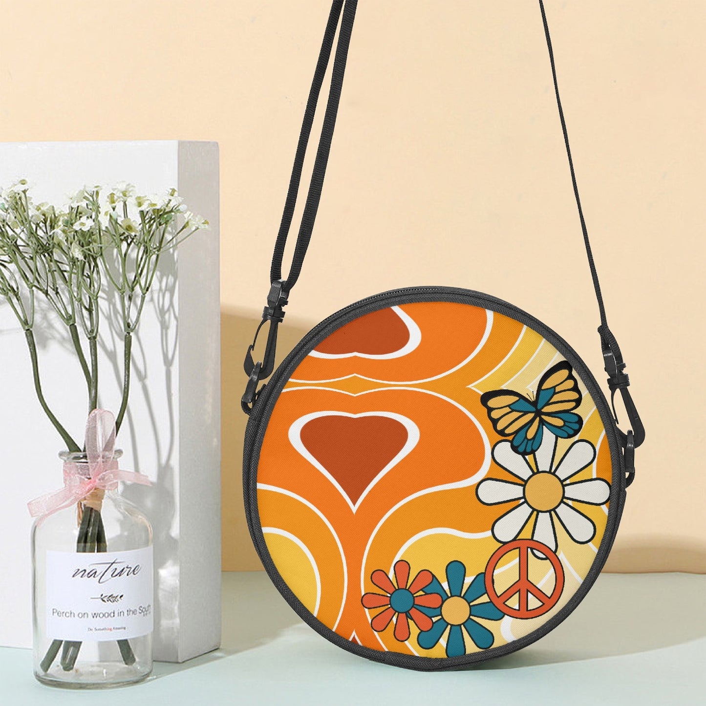 Hippie 70s Peace Sign Retro Round Satchel Bag