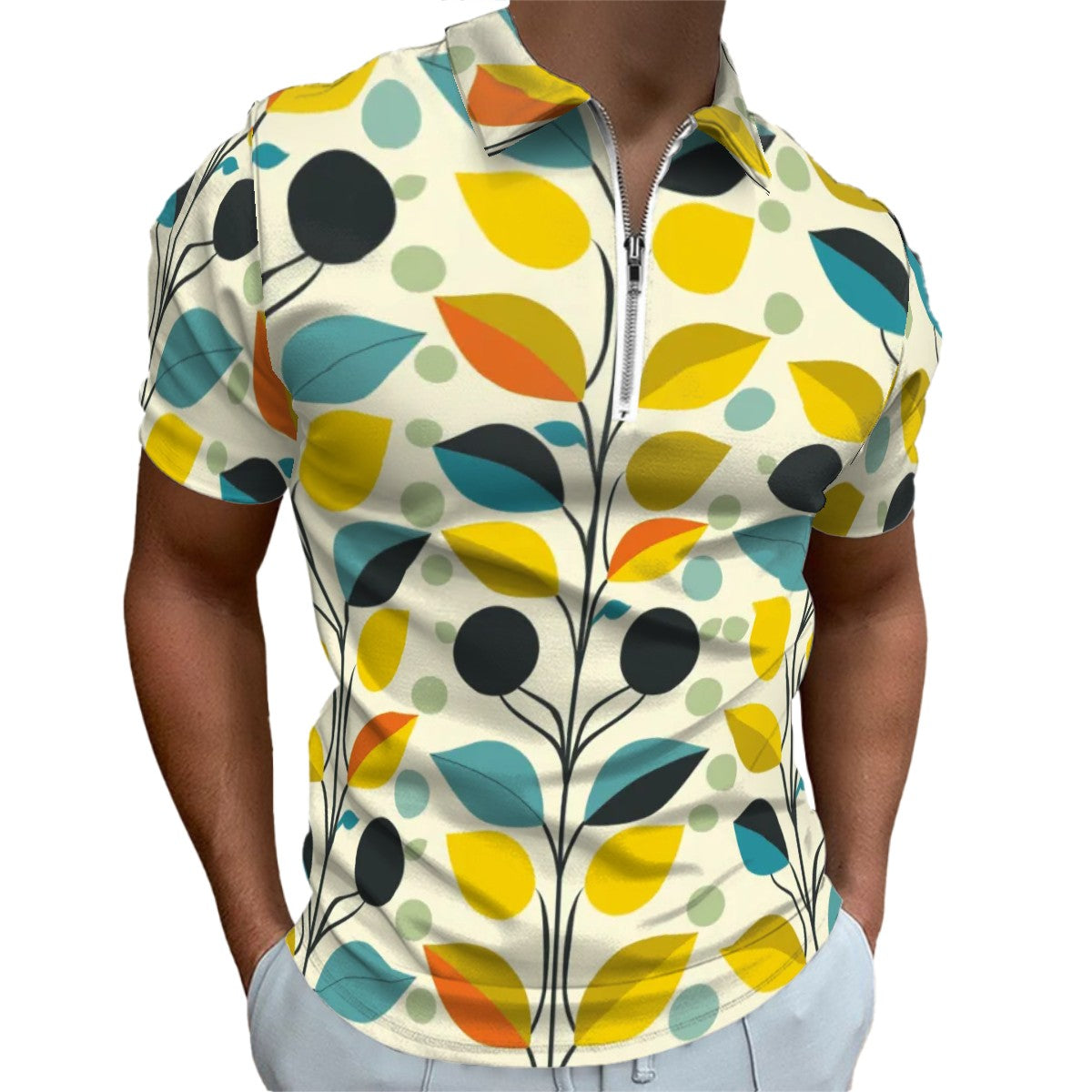 MCM Retro Polo Shirt- Mid Century Geo Design Slim Fit Zipper Polo for men