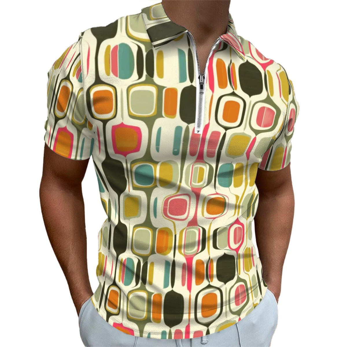 MCM Retro Polo Shirt- Mid Century Geo Design Slim Fit Zipper Polo for men