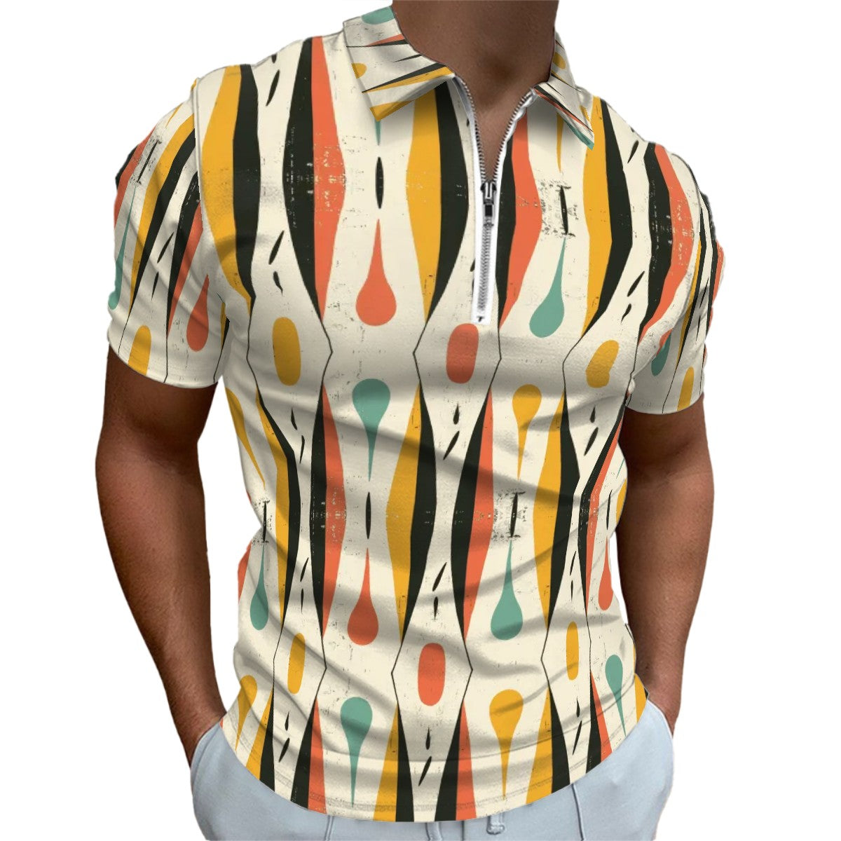 MCM Retro Polo Shirt- Mid Century Geo Design Slim Fit Zipper Polo for men