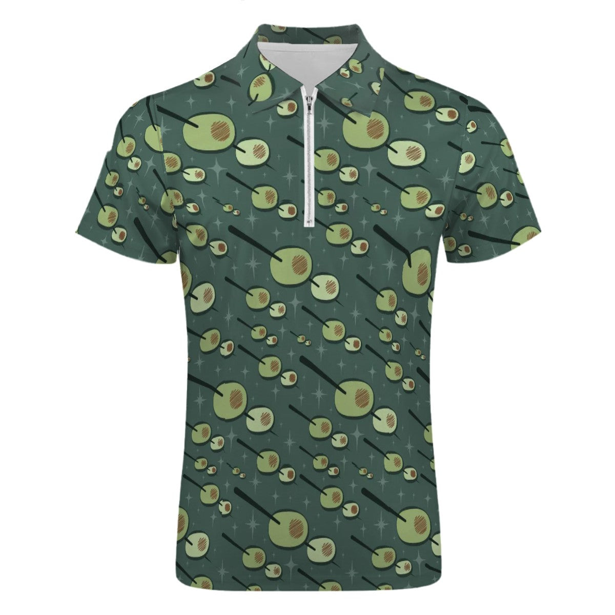 MCM Retro Polo Shirt- Atomic Martini Cocktail Design Slim Fit Zipper Polo for men