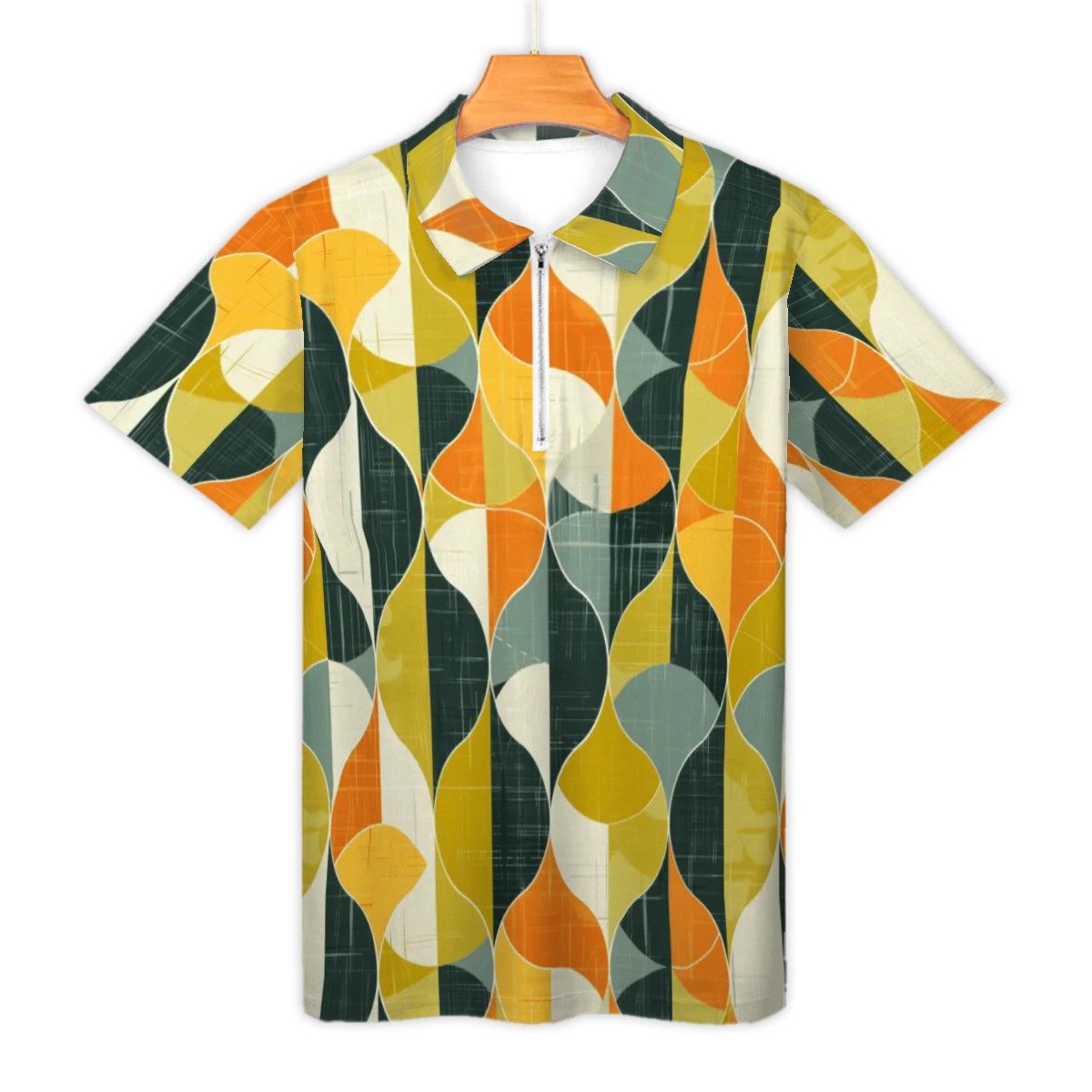 MCM Retro Polo Shirt- Mid Century Geo Design Slim Fit Zipper Polo for men