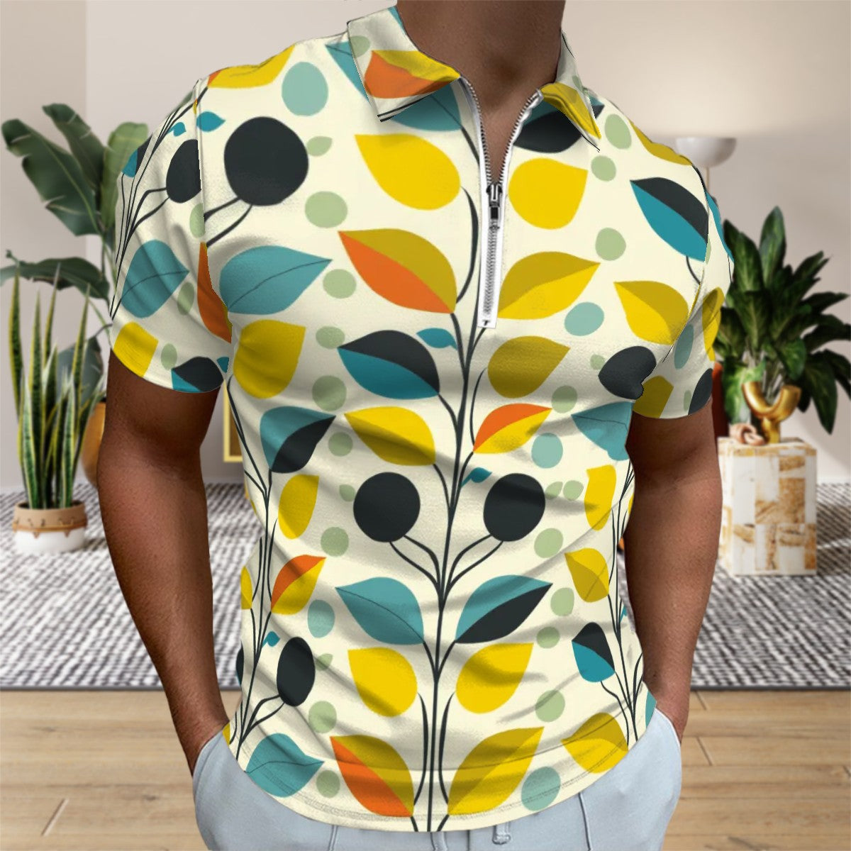 MCM Retro Polo Shirt- Mid Century Geo Design Slim Fit Zipper Polo for men