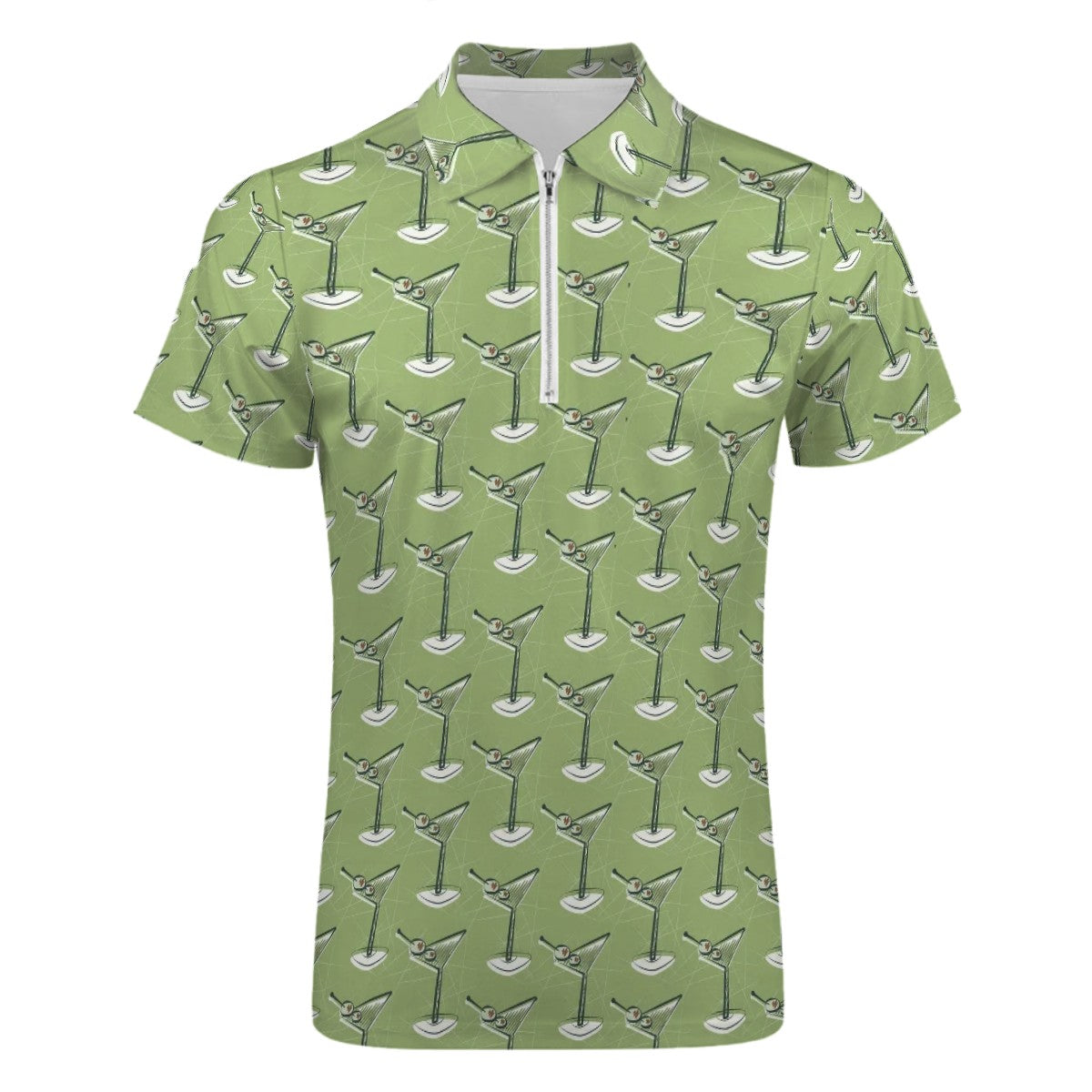 MCM Retro Polo Shirt- Atomic Martini Cocktail Design Slim Fit Zipper Polo for men