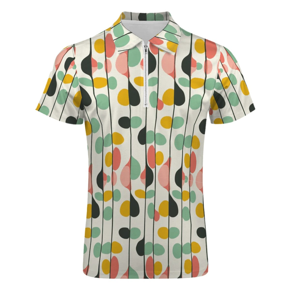 MCM Retro Polo Shirt- Mid Century Geo Design Slim Fit Zipper Polo for men