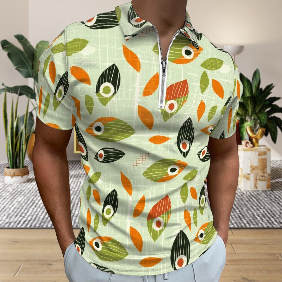 MCM Retro Polo Shirt- Mid Century Geo Design Slim Fit Zipper Polo for men